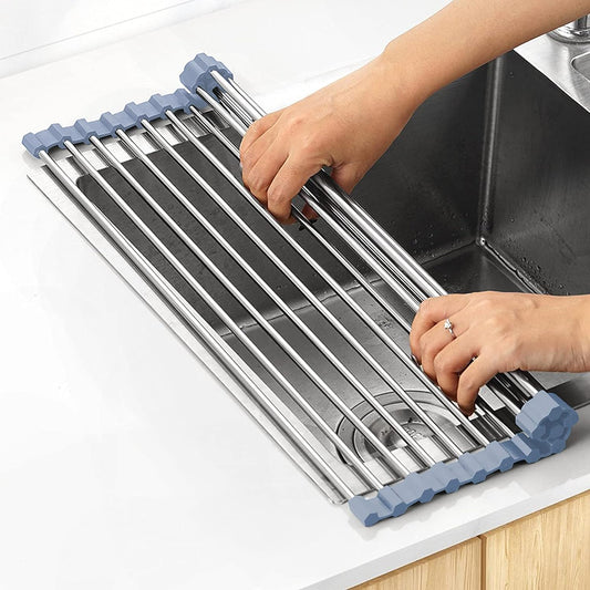 Over The Sink Dish Drying Rack, Roll Up Dish Drying Rack Kitchen Dish Rack Stainless Steel Sink Drying Rack, Foldable Dish Drainer, Gray
