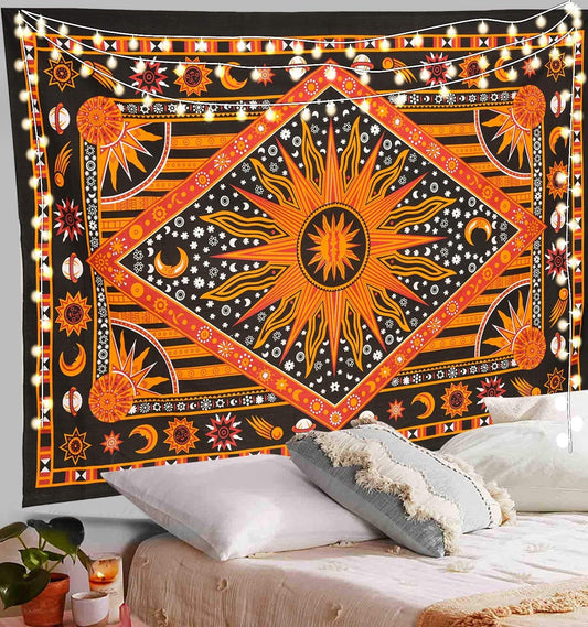 Burning Sun Tapestry, Celestial Sun Moon Star Planet Bohemian Medium Tapestry Tarot Card Wall Hanging Boho Hippie Hippy Beach Coverlet Curtain (Orange, 54"X60")