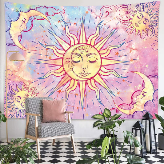 Pastel Pink Tapestry Sun and Moon Tapestry Celestial Burning Sun Tapestry Aesthetic Tapestry Butterfly Tie Dye Wall Hanging for Girl Home Decor Bedroom Dorm Living Room