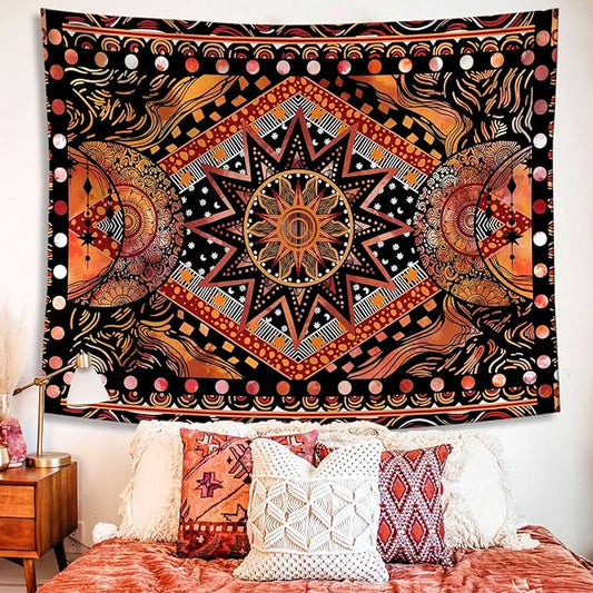 Fowocu Orange Sun and Moon Tapestry Wall Hanging, Indie Hippie Mandala Cool Wall Tapestries, Aesthetic Tapestry for Bedroom Living Room Dorm (Orange, 30'' × 40'')